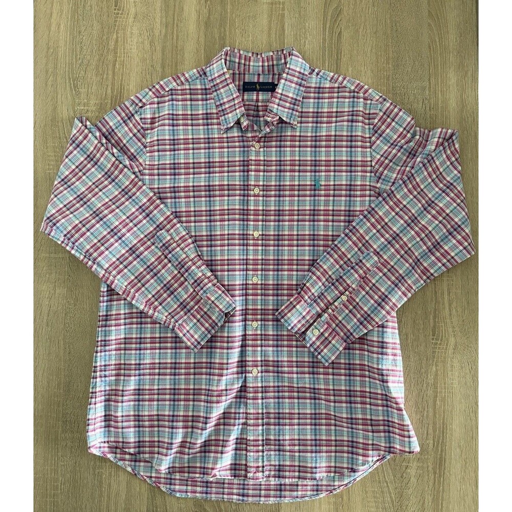 Ralph Lauren Shirt XL Red White Blue Colorblock Stripes Button Down Long Sleeve